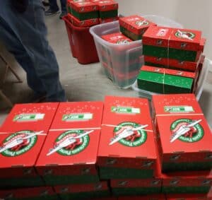 Picture of some of the shoeboxes we packed in 2020.